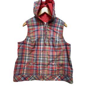 CJ Banks Womens Plaid Hooded Vest Size X Red Zip Up Sleeveless Pockets Outdoors